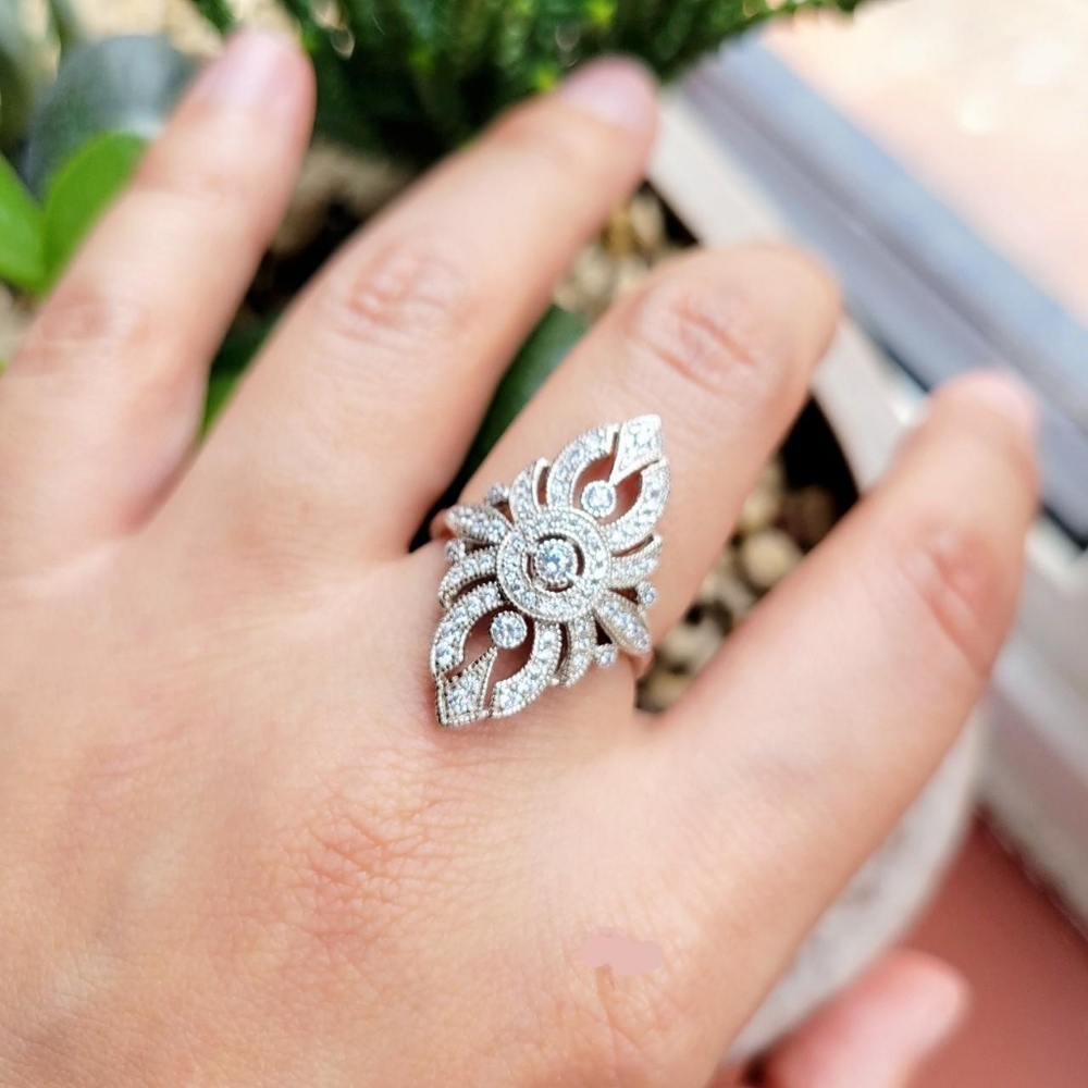 Classic Sterling Art Deco Style Simulated Diamond Cocktail Ring, size 6.75